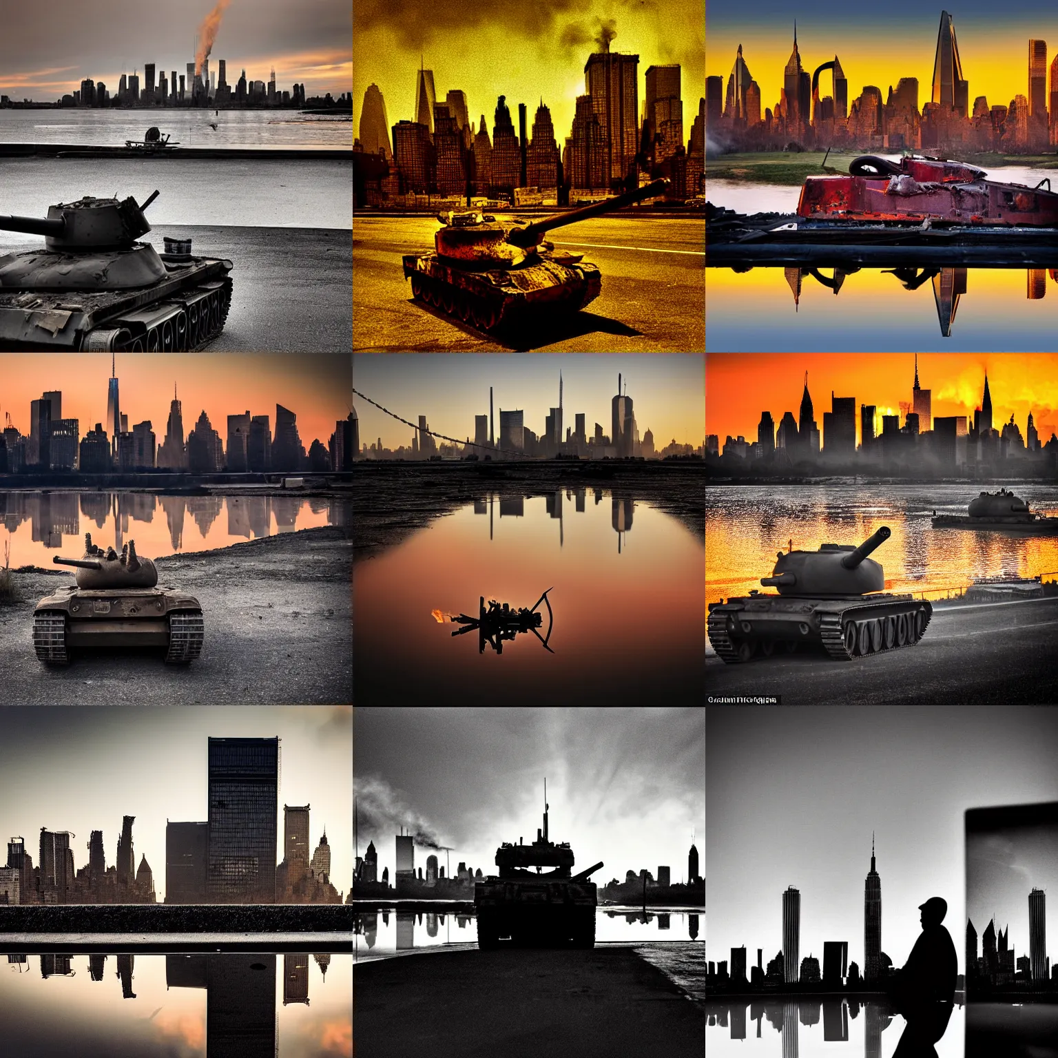 Image similar to destroyed tank in front of the new york skyline, smoking and burning, reflections, award winning photograph, sunset, desolate, atmospheric