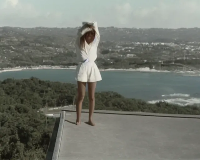 Prompt: a still of a young woman standing on a huge concrete white deck, high above the ground, of a minimalist brutalist beach house, outside view, low angle, clear sky and background, in the music video Wrapped Around your Finger (1983)