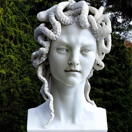 Image similar to medusa sculpture hyperrealistic style made by michelangelo, made with carrara marble