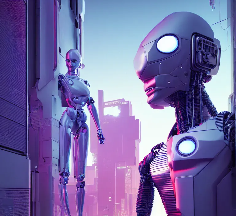 Image similar to hyperrealism stock photography of highly detailed stylish humanoid robot in cyberpunk sci - fi style by gragory crewdson and vincent di fate, mike winkelmann with many details by josan gonzalez working at the highly detailed data center by mike winkelmann and laurie greasley hyperrealism photo on dsmc 3 system rendered in blender and octane render