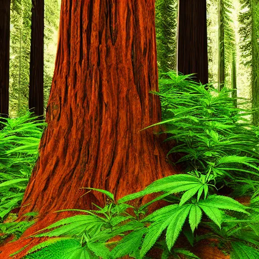 Image similar to of marijuana plants instead of coastal redwood trees in the redwoods forest in california, 4 k photorealism hd