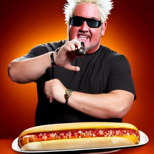 Image similar to guy fieri, studio lighting, the king of flavortown holds an infinite hot dog