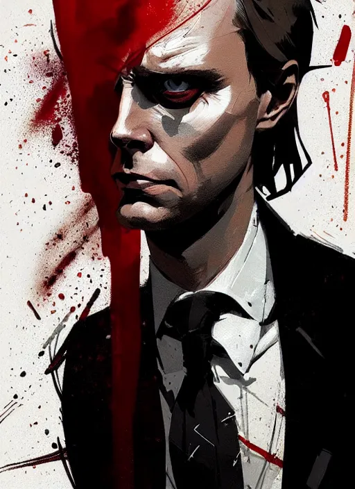 Prompt: highly detailed closeup portrait of angry handsome martin wallstrom, tyrell wellick, wearing suit by atey ghailan, by greg rutkowski, by greg tocchini, by james gilleard, by joe fenton, by kaethe butcher, gradient red, brown black and white only color scheme, grunge aesthetic!!! ( ( graffiti tag wall background ) )