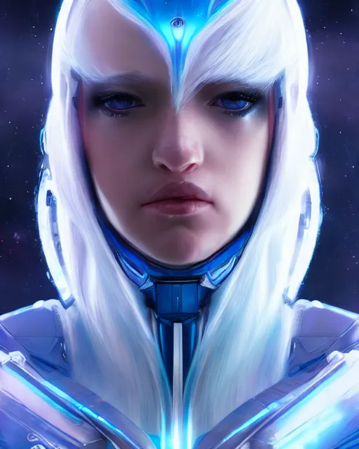 Image similar to perfect android girl on a mothership, warframe armor, beautiful face, scifi, futuristic, galaxy, nebula, raytracing, dreamy, long white hair, blue cyborg eyes, sharp focus, cinematic lighting, highly detailed, artstation, divine, by gauthier leblanc, kazuya takahashi, huifeng huang