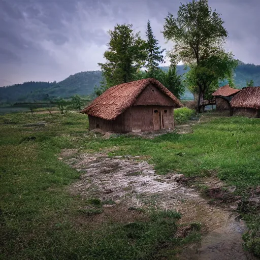 Image similar to a romanian village, 4 k photography, very detailed, photo realistic, cinematic