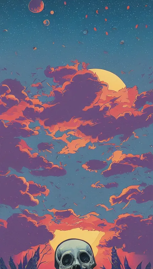 Prompt: Floral skulls floating in starlit sunset sky, italian futurism, Dan Mumford, da vinci, Josan Gonzalez