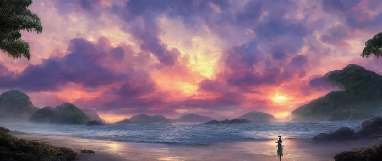 Image similar to digital painting of a detailed sunset over the ocean, ultra detailed Buddhist temple on the beach behind a forest, large mountains in back, concept art, low angle, high detail, warm lighting, volumetric, godrays, vivid, beautiful, trending on artstation, by Jordan Grimmer, no focus, huge scene, ultra detailed ripples, F11 aperture, levitating Buddhist monk dressed in yellow garment silhouette, in the style of ALBERT BIERSTADT