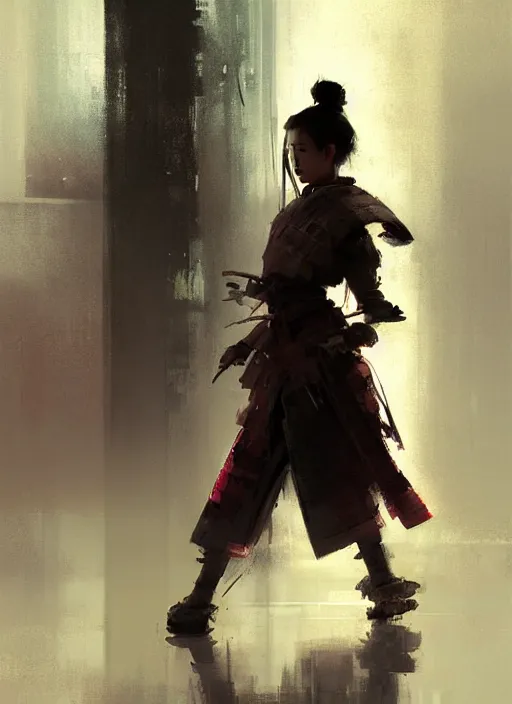 Image similar to female samurai girl, neon, rule of thirds, intricate outfit, spotlight, by greg rutkowski, by jeremy mann, digital painting