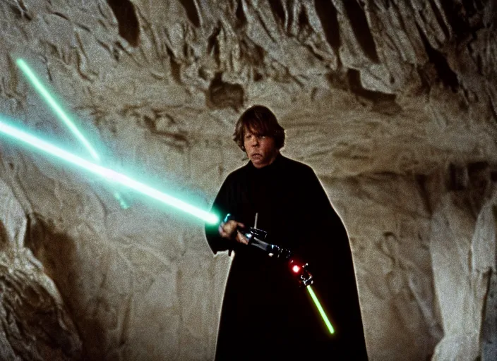 Prompt: detailed protrait photo of Luke skywalker using his lightsaber to light up a dark hazy cave and discover the ancient jedi texts. screenshot from the 1985 film, Photographed with Leica Summilux-M 24 mm lens, ISO 100, f/8, Portra 400