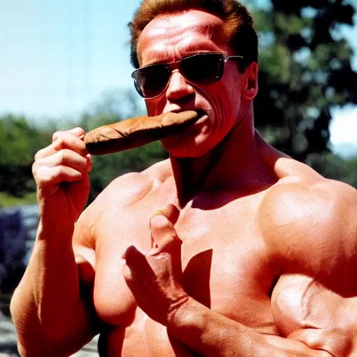 Prompt: Arnold Schwarzenegger smoking a cigar wearing a sundress