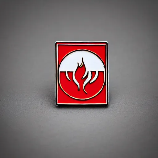 Image similar to a photo of a retro 1 9 7 0 s minimalistic clean fire warning label enamel pin, beautiful cinematic light, behance