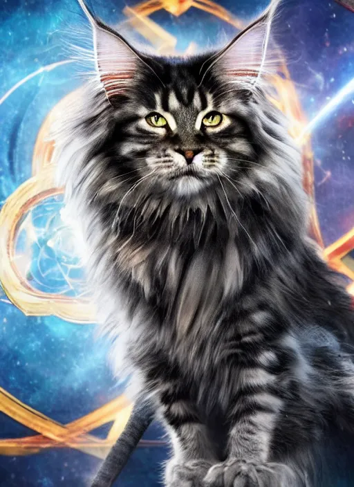 Image similar to film still of a Maine Coon as Doctor Strange in Avengers Endgame, 4k