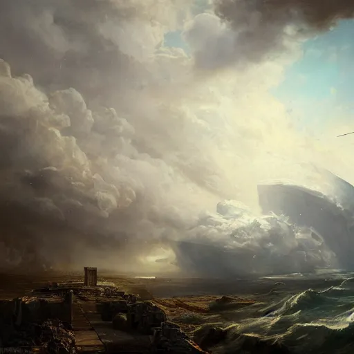 Prompt: Panorama view of a hurricane lifting the ruins of a bastion into a sea of clouds, flying island, oil painting, by Greg Rutkowski