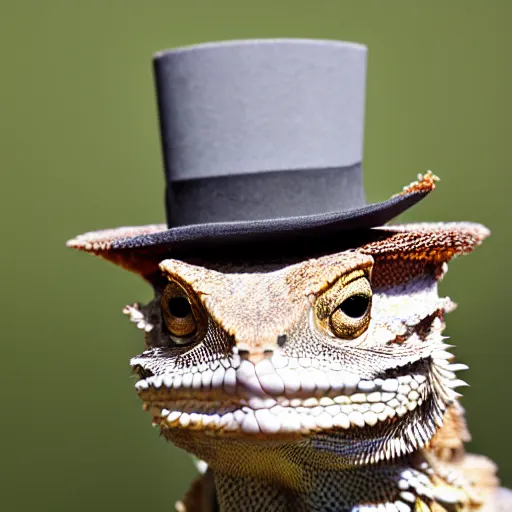 Image similar to dslr portrait still of a bearded dragon wearing a top hat and bow tie, 8 k 8 5 mm f 1. 4