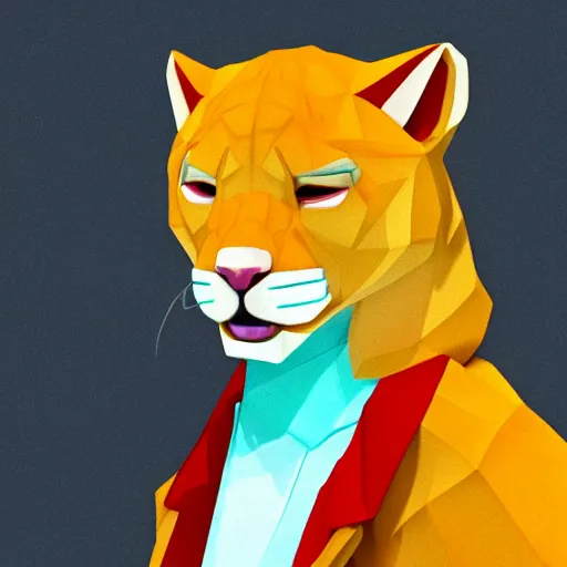 Image similar to aesthetic albino panther fursona portrait, commission of a anthropomorphic lion on fire, fursona wearing stylish clothes, winter armosphere, pastel simple art, low poly