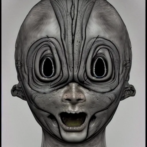 Prompt: the face of a child made with alien technology in the style of H.R. Giger