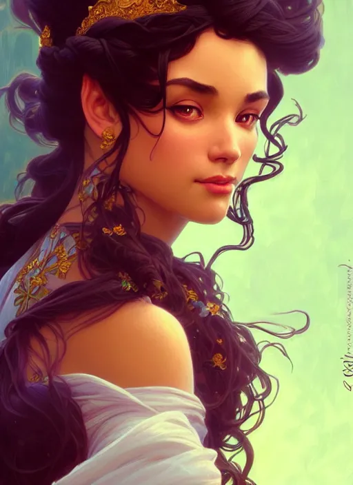 Image similar to portrait of disney esmeralda, intricate, elegant, highly detailed, my rendition, digital painting, artstation, concept art, smooth, sharp focus, illustration, art by artgerm and greg rutkowski and alphonse mucha and uang guangjian and gil elvgren and sachin teng, symmetry!!