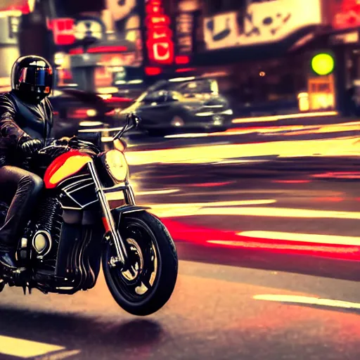 Prompt: a black ( ( ( honda cmx 5 0 0 rebel ) ) ) motorcycle, ridden fast by a metallic futuristic alien cyborg, through the streets of 2 0 5 0's tokyo, neon signs, blurred crowded streets, slight motion blur background