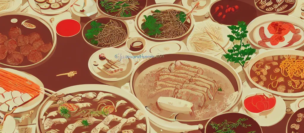 Image similar to a beautiful simple 4 k hd wall paper illustration of roasted string hotpot, wallpaper design, simple style, gourmet style, commercial kebab hotpot wallpaper display, wall painting, from china, with merchant logo, simple structure, surrealistic, chinese style, victo ngai, james jean, denoise, deblurring