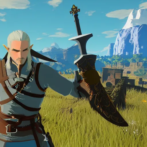 Image similar to Geralt of Rivia in The Legend of Zelda Breath of the Wild