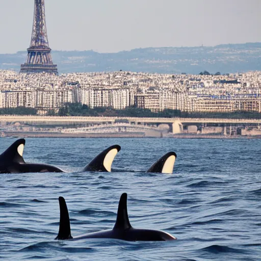 Image similar to orca whales swimming past the Eiffel Tower, 4k