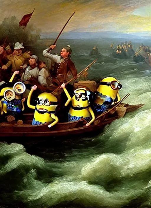 Image similar to minions crossing the delaware, oil painting by emanuel leutze, exact replica