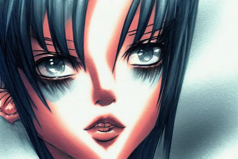 Image similar to sultry look in her eyes Yuffie Kisaragi close-up portrait looking straight on, complex artistic color pencil sketch illustration, full detail, gentle shadowing, fully immersive reflections and particle effects, chromatic aberration.