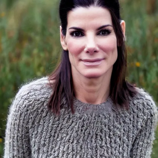 Image similar to a hand knit wool sweater with a sandra bullock face pattern