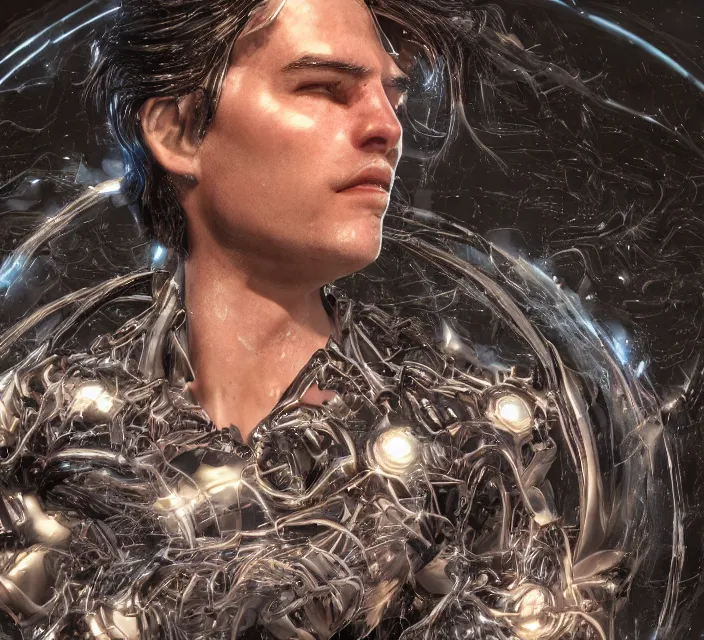 Image similar to realistic, handsome man dark hair, love, joy, complex cybernetic beings, glowing hair, vortexes, large array, ornate hair, 3 d model, fish eye, round form, cinematic light shadows, wet hdr refractions, insanely detailed rendering, artstation, 8 k, * * * * *