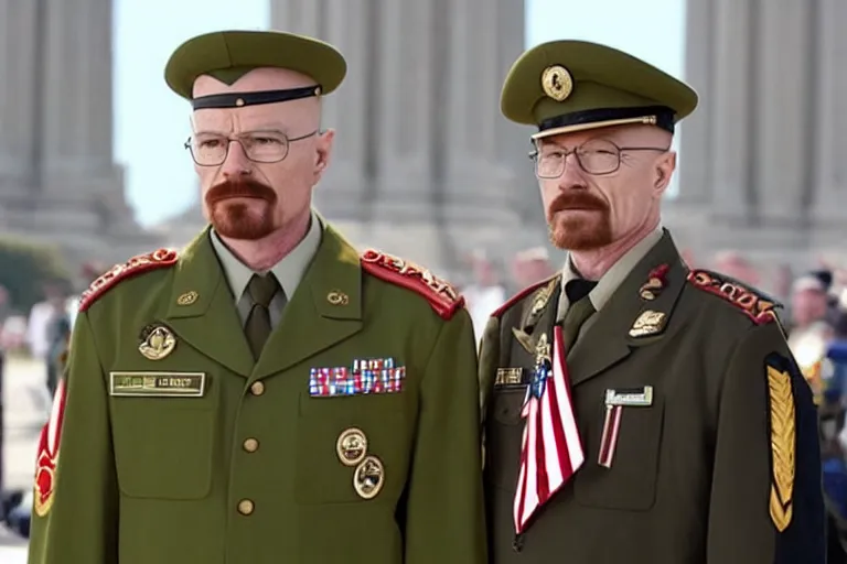 Prompt: A photo of Walter White as the supreme commander of the army standing at a military parade, with Jesse Pinkman