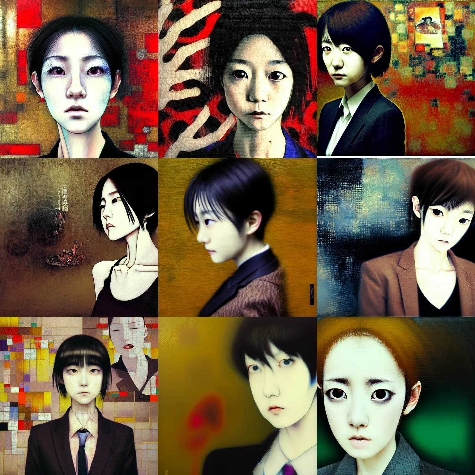 Image similar to yoshitaka amano blurred and dreamy realistic three quarter angle portrait of a young woman with short hair and black eyes wearing office suit with tie, junji ito abstract patterns in the background, satoshi kon anime, noisy film grain effect, highly detailed, renaissance oil painting, weird portrait angle, blurred lost edges