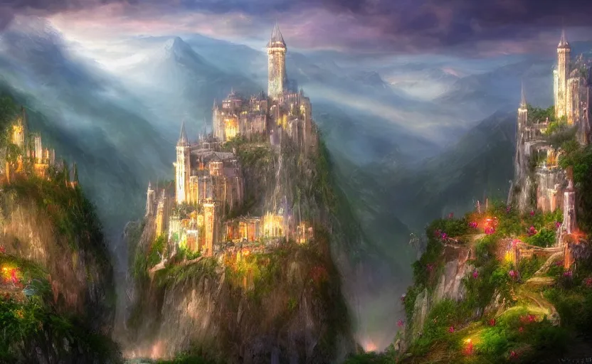 Image similar to beautiful secret city of the elves gondolin on top of a mountain, magical gloomy mystical. by konstantin razumov, fractal flame, chiaroscuro, highly detailded