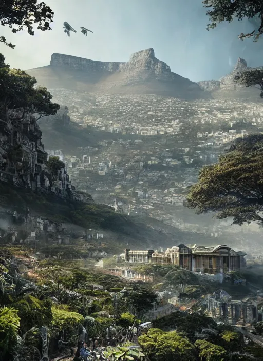 Image similar to chtulu attacking cape town city, table mountain, dense foliage beautiful details, strong composition by kim jung giu weta studio rutkowski, james gurney and greg rutkowski, and lucasfilm