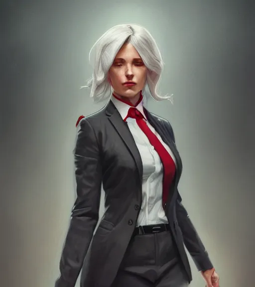 Image similar to a girl wearing a business suit, grey hair, red necktie, cinematic, stunning, highly detailed, digital painting, artstation, smooth, hard focus, full body shot, illustration, art by artgerm and greg rutkowski and alphonse mucha