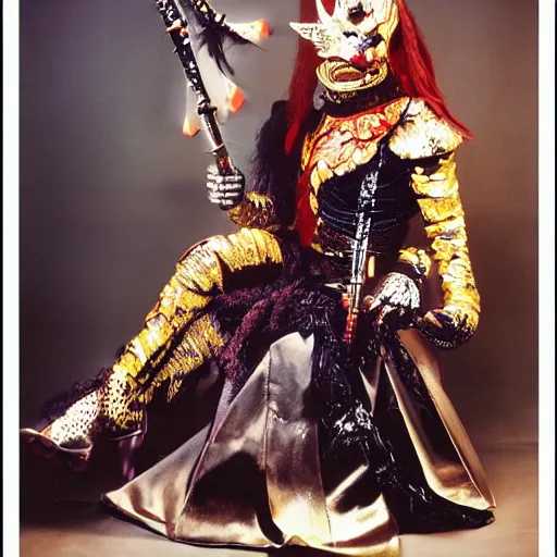 Image similar to klingon with telescopic limbs dressed in glam clothing, photo by cindy sherman