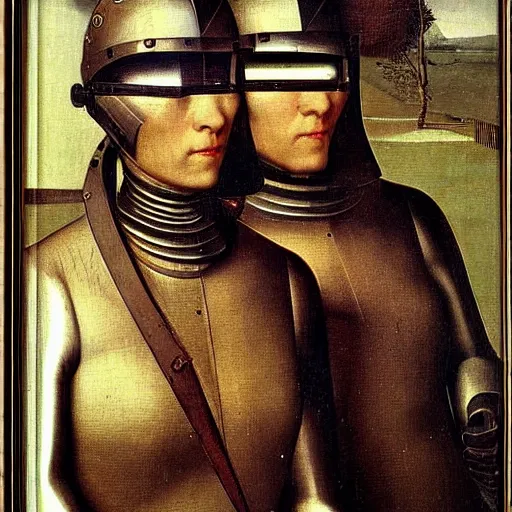 Prompt: cyborgs by jan van eyck