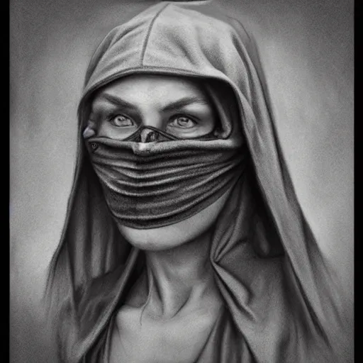 Image similar to a person wearing a plague mask and a hood, a charcoal drawing by richard mortensen, trending on cgsociety, remodernism, matte drawing, zbrush, hyper realism