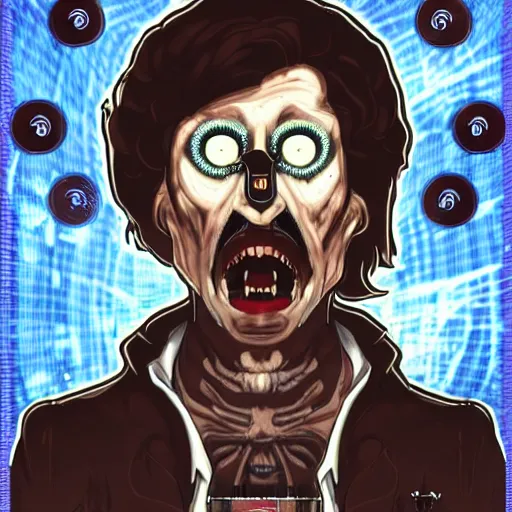 Image similar to depraved and broken with spiral eyes with tvs all around him channeling mind control frequencies towards him. of mind in the style of ben garrison and wil hughes, trending on artstation, ultra 8 k