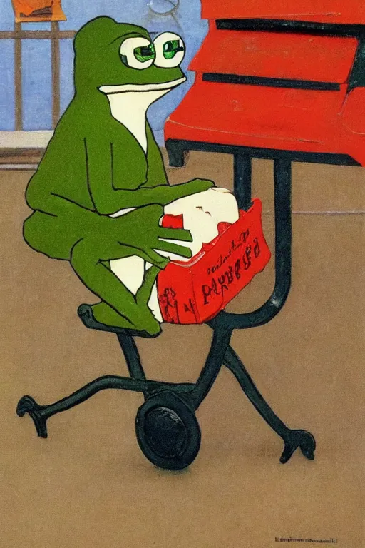 Image similar to pepe the frog on his way to school, painted by norman rockwell