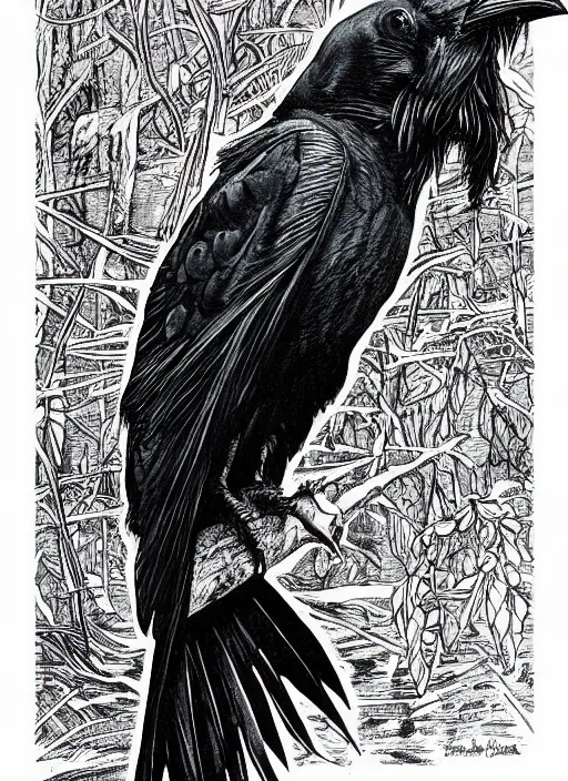 Image similar to cry for dawn cover depicting a raven by joseph michael lisner, masterpiece ink illustration,