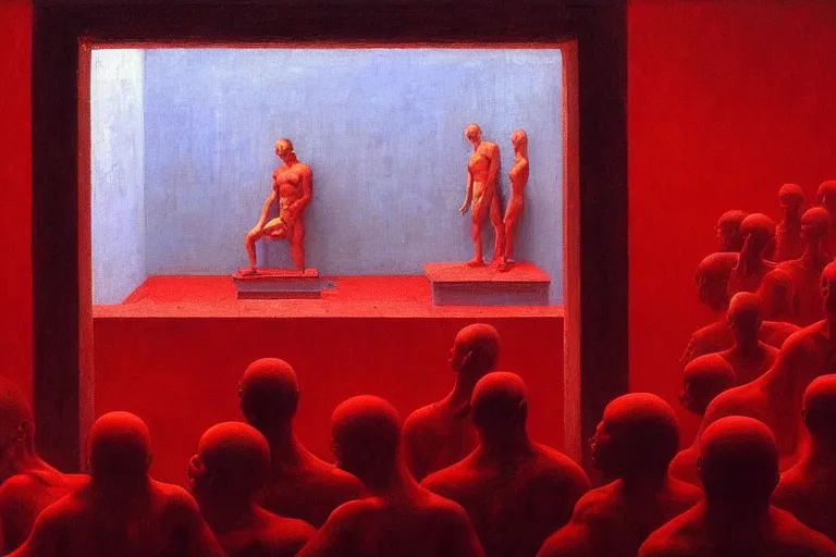 Image similar to only with red, crowd screaming, an exposed picture in a roman theater, in the style of beksinski, parts by edward hopper, parts by rodcenko, parts by yue minjun, intricate and epic composition, red by caravaggio, insanely quality, highly detailed, masterpiece, red light, artstation, 4 k