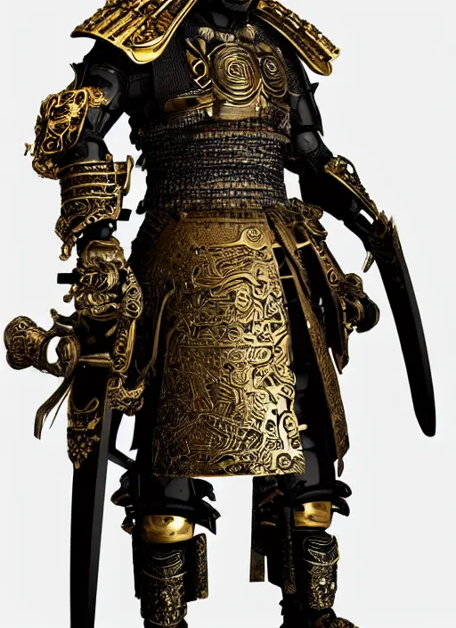 Image similar to hyper realistic glorious ancient samurai in a obsidian metal armor, futuristic design, designed by makoto kobayashi and luca zampriolo, portrait, cyberpunk style, wood and gold details, intricate, extremely detailed, ornate, deep of field, hard surface, exoskeleton, substance designer metal unreal engine. amazing likeness. very detailed.