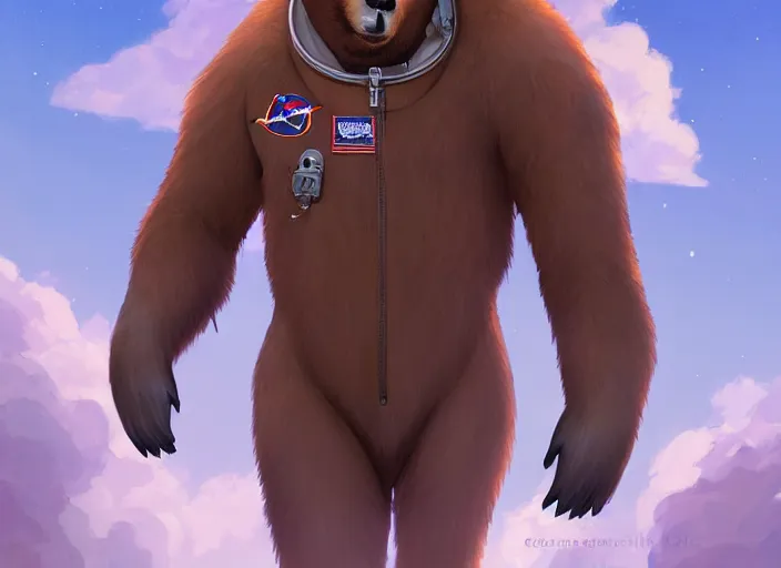Image similar to character portrait feature of the anthro male anthropomorphic kamchatka brown bear fursona wearing cosmonaut outfit uniform professional pilot astronaut cosmonaut character design stylized by charlie bowater, ross tran, artgerm, and makoto shinkai, detailed, soft lighting, rendered in octane