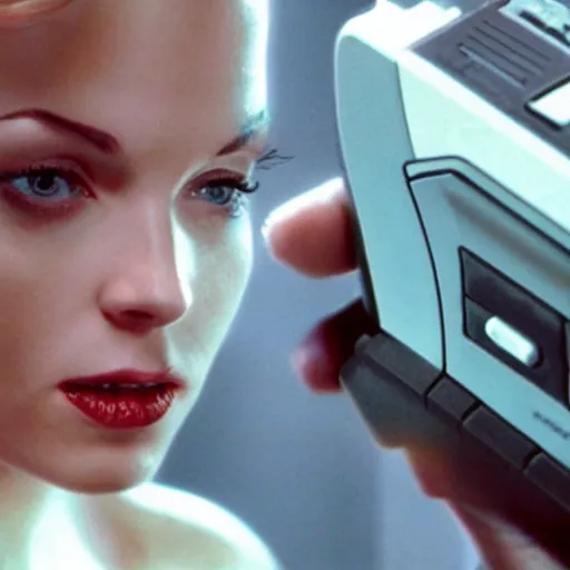 Image similar to a still of a beautiful pin up playing with a NES controller, in the movie Minority Report (2002), highly detailed and intricate, cinematic lighting, 4k HDR