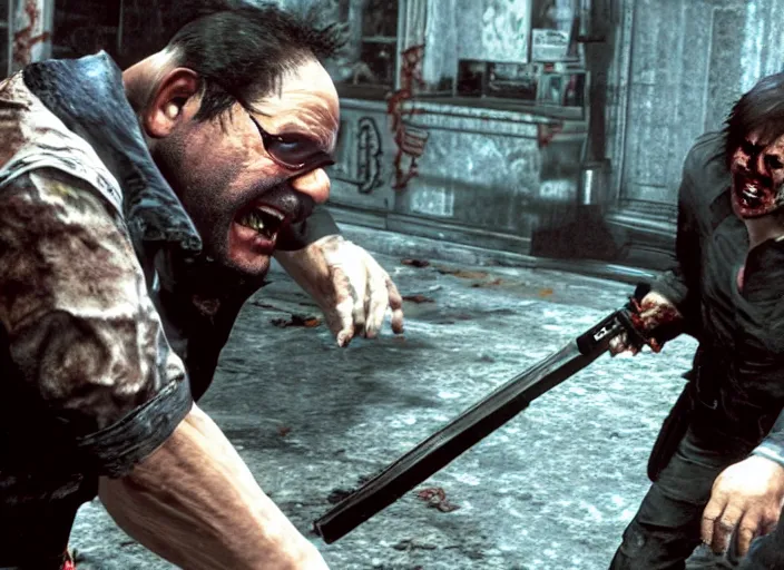 Prompt: video game still of danny devito as leon fighting off a zombie in the video game resident evil 2,