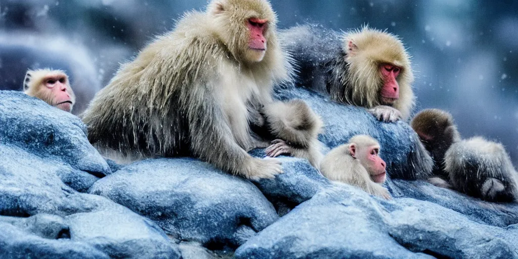 Image similar to scenic mountain setting, a family of snow monkeys gather at the natural spa to get warm, highly detailed, snow flurry, cold, steamy, desaturated blue, inquisitive, striking, contemplative, happy, content, warm, watercolor, dry brush