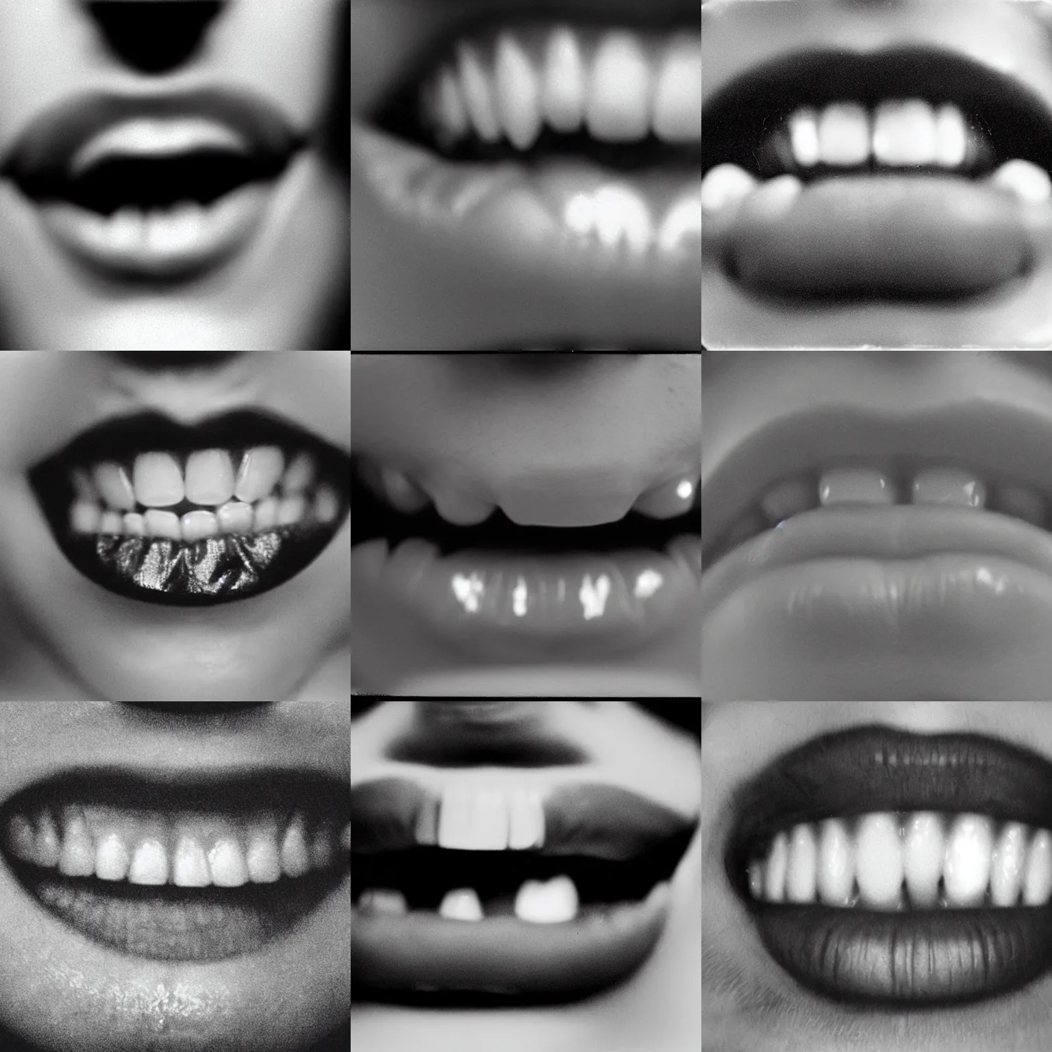 Prompt: close up mouth with shiny metal silver teeth, gritty grainy black and white expired film photograph, experimental vintage