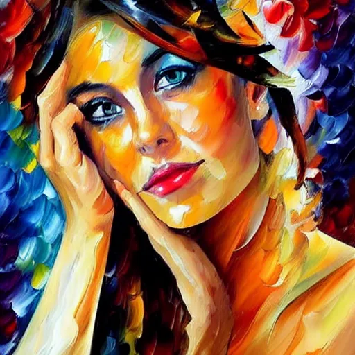 Prompt: painting of a gorgeous self conscious woman in the style of leonid afremov, hyperrealistic eyes, elaborate hairstyle, low contrast, silk skin