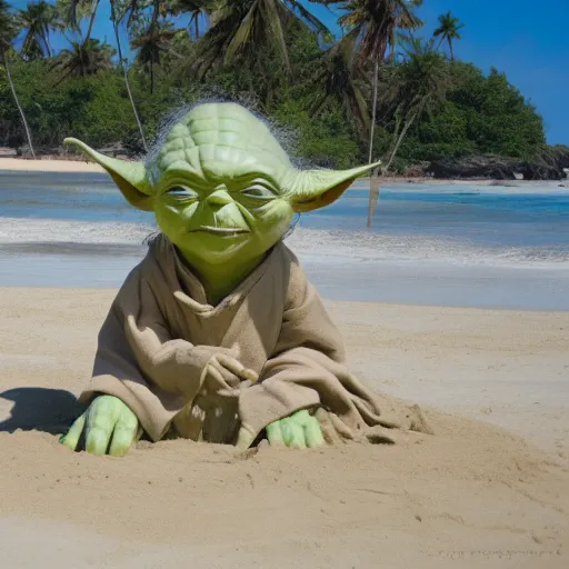 Prompt: Yoda building a sand castle on the beach