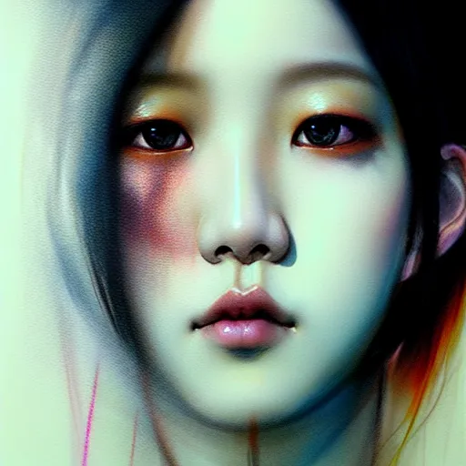 Image similar to jisoo of blackpink, hyperrealistic portrait, bladerunner street, by karol bak and agnes cecile, fantasy art, photo realistic, dynamic lighting, artstation, poster, volumetric lighting, very detailed face, 8 k, award winning